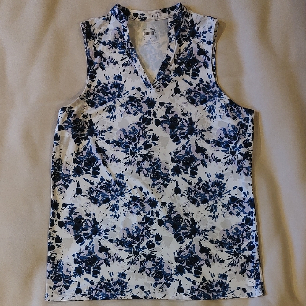 Puma Women's White and Blue Floral Sleeveless Top